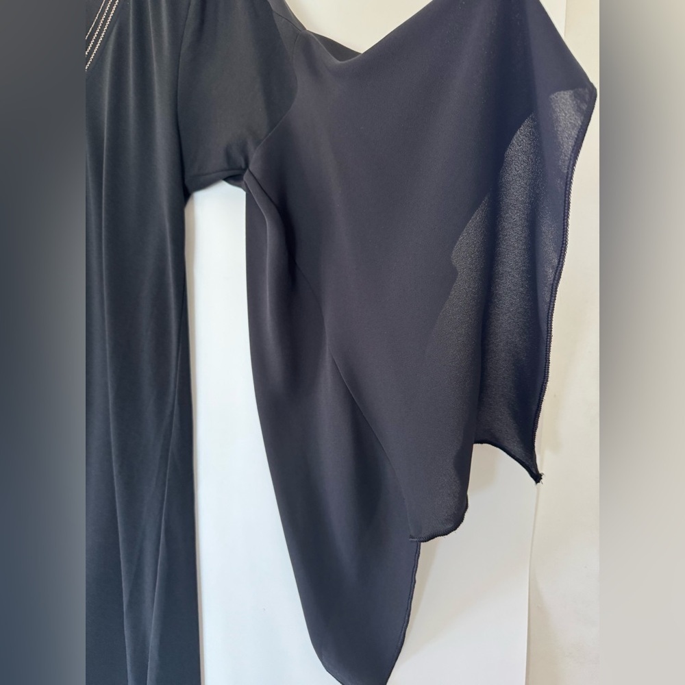 BCBG Max Azria Black Embroidered Caftan Dress Handkerchief Hem Kimono Sleeve - Picture 10 of 12